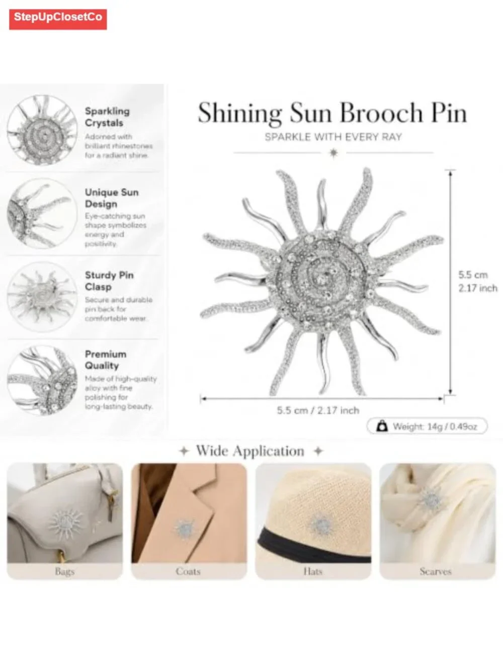 Dainty Crystal Sun Brooch Spiral Rhinestone Pin for Women